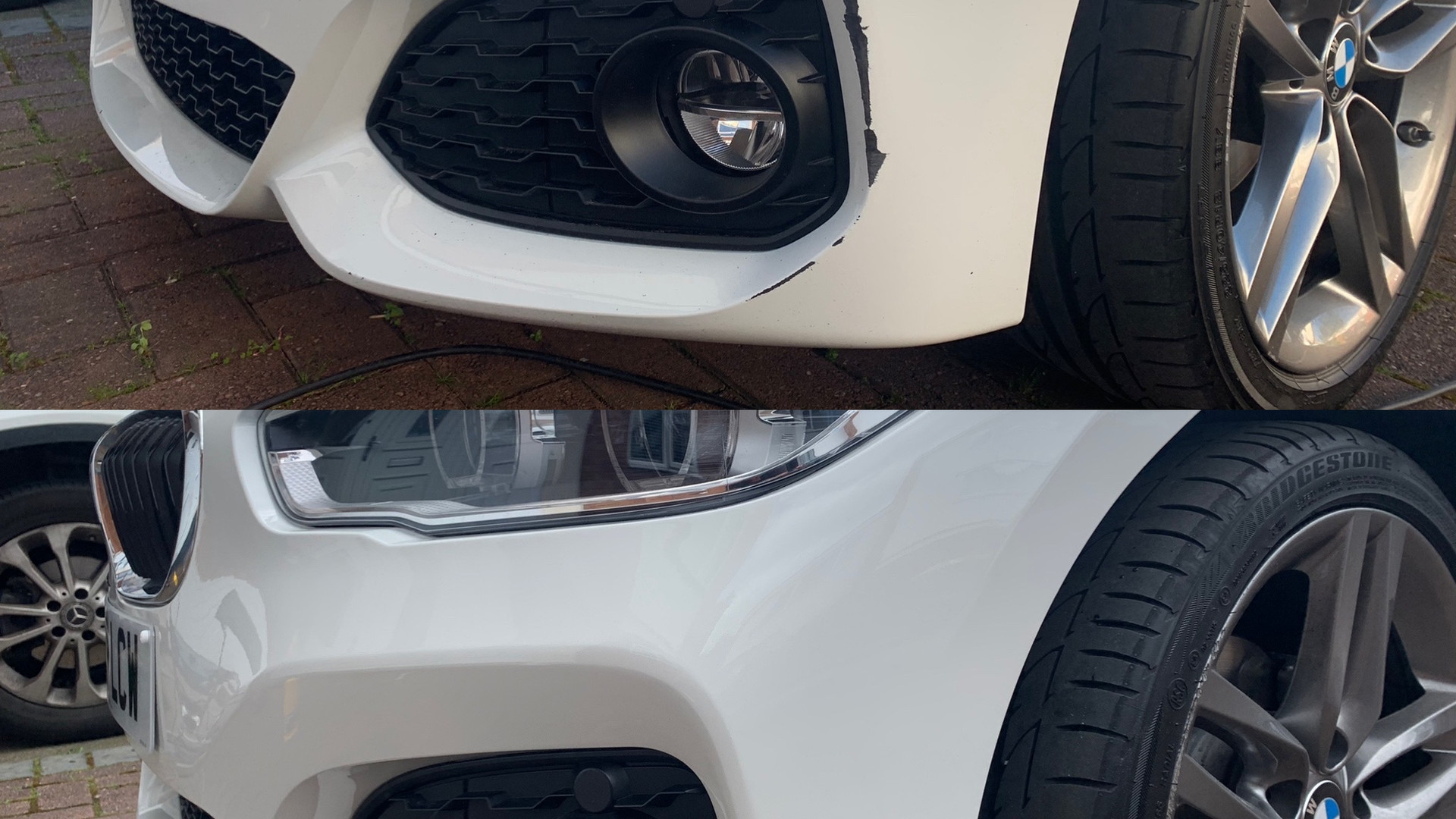 Before and after white car bumper scuff repair